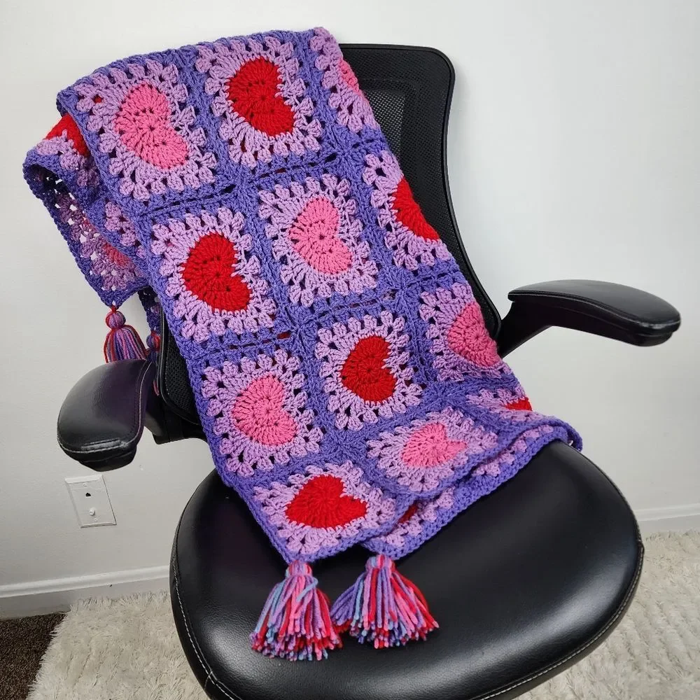 New Handmade Crochet Heart Granny Square Lap Blanket Tassels Purple Pink Red